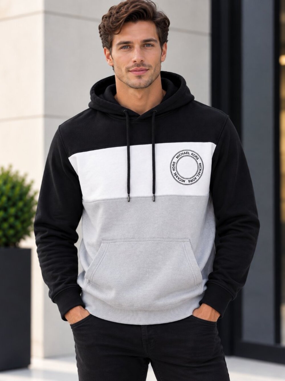 Michael Kors Men’s Colorblock Fleece Pullover Hoodie Black White Gray Size M